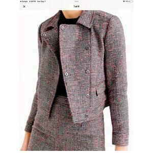 J.Crew Tweed Cropped Moto Jacket, Size 8, Black, White Neon Red, Fall Preppy
